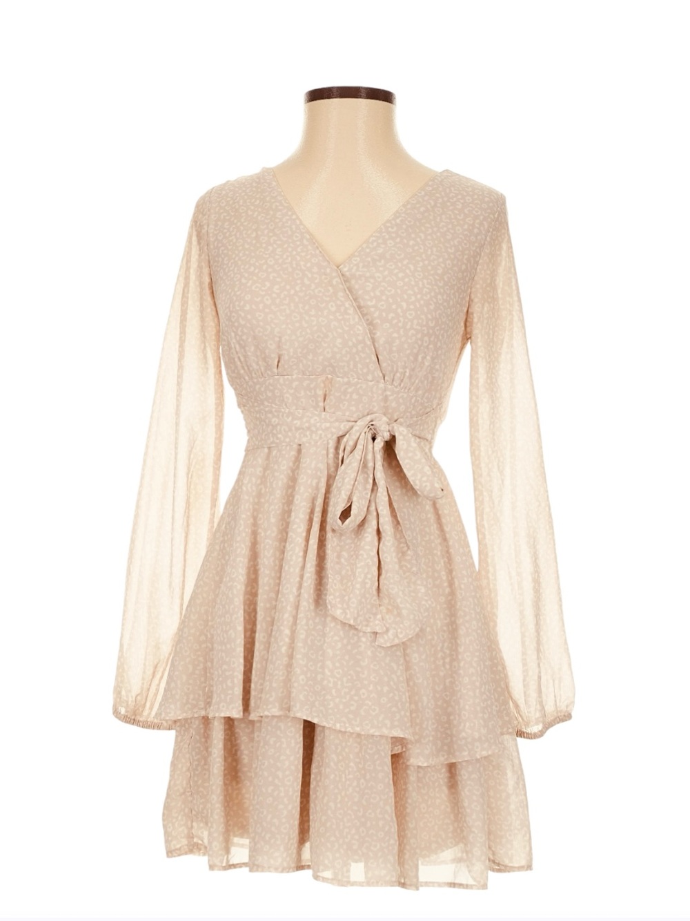 Japna Sheer Tiered Long sleeve Dress Size S Light Pink and Ivory Leopard Print